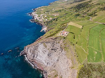 Aerial view of the Carapacho Lighthouse, Graciosa Island, Azores, Portugal