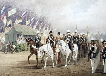 Cesarz Rosji Aleksander II i szach Iranu Naser ad-Din Szah Kadżar podczas parady na Łące Carycyńskiej, 1873 r. Akwarela (gwasz, ołówek, wapno), Mihály Zichy, 1874 r.