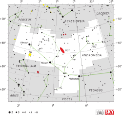 Diagram showing star positions and boundaries of the Andromeda constellation and its surroundings