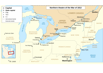 English: Main locations of the War of 1812 bet...