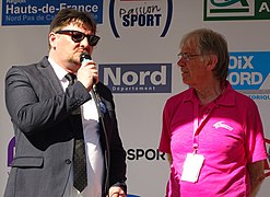 Frédéric Delannoy avec Daniel Mangeas lors de l'arrivée de la 2e étape des Quatre jours de Dunkerque 2016 à Aniche.