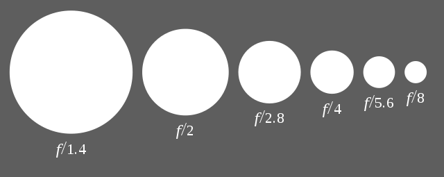 Diagram of decreasing apertures, that is, increasing f-numbers, in one-stop increments; each aperture has half the light-gathering area of the previous one.