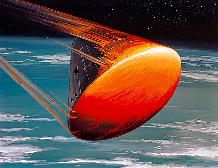 Artwork of Apollo command module flying with the blunt end of the heat shield at a non-zero angle of attack in order to establish a lifting entry and control the landing site