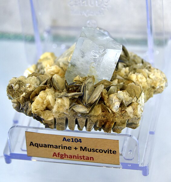 File:Aquamarine and muscovite from Afghanistan. Erbil Stones and Gems Museum, Erbil Citadel, Hawler, Iraq.jpg