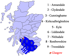 Diagram som viser hoveddistriktene under påvirkning av bispedømmet Glasgow i middelalderen.  Mer generelt var hele sørlige halvdel bekymret.  mørk.