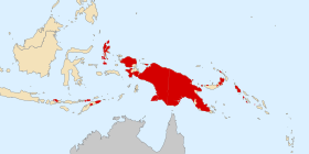 Aire de répartition des langues papoues, en rouge sur la carte.