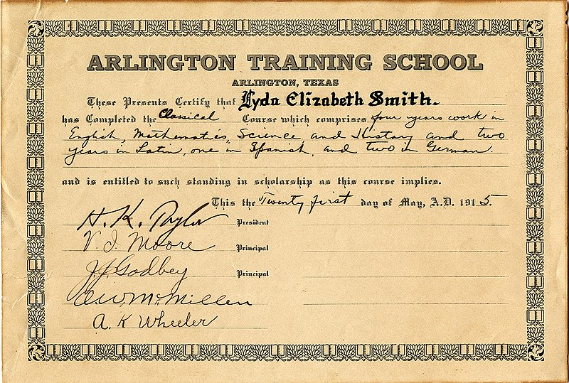 File:Arlington Training School diploma certificate for Lyda Elizabeth Smith for completion of Classical Course (10013166).jpg