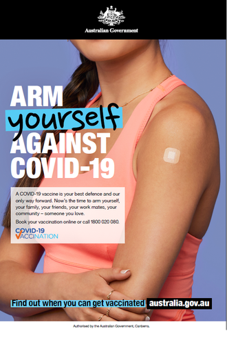 A poster from the government's vaccination campaign rolled out in July 2021, titled "Arm yourself against COVID-19" Arm yourself against COVID-19.png