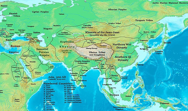 Asia in 500, showing the Rouran Khaganate and its neighbors, including the Northern Wei and the Tuyuhun Khanate, all of them were established by Proto-Mongols