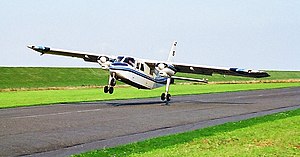 BN-2 Islander performing crosswind landing with left wing down at 30 kn (15 m/s) crosswind BN-2 Islander Crosswind landing F369-10A-V.jpg