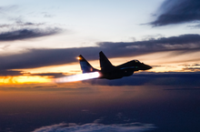 A Bangladesh Air Force MiG-29B inflight with its Klimov RD-33 turbofan engines on full afterburner