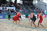 Deutsch: Beachhandball Europameisterschaften 2019 (Beach handball Euro); Tag 6: 7. Juli 2019 – Spiel um Platz Drei, Männer, Ungarn-Russland 2:0 (26:20, 23:22) English: Beach handball Euro; Day 6: 7 July 2019 – Men's Bronze Medal Match – Hungary-Russia 2:0 (26:20, 23:22)