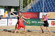 Deutsch: Beachhandball Europameisterschaften 2019 (Beach handball Euro); Tag 1: 2. Juli 2019 – Männer, Vorrunde Gruppe D, Polen-Schweden 2:1 (18:10, 15:9; 8:6) English: Beach handball Euro; Day 1: 2 July 2019 – Men Preliminary Round Group D – Poland-Sweden 2:1 (18:10, 15:9; 8:6)