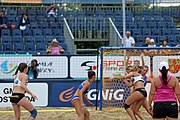 Deutsch: Beachhandball Europameisterschaften 2019 (Beach handball Euro); Tag 5: 6. Juli 2019 – Frauen, Halbfinale, Ungarn-Niederlande 2:0 (19:16, 15:12) English: Beach handball Euro; Day 5: 6 July 2019 – Semifinal Women – Hungary-Netherlands 2:0 (19:16, 15:12)