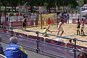 Deutsch: Beachhandball bei den Olympischen Jugendspielen 2018; Tag 4, 10. Oktober 2018; Jungs, Vorrunde, Gruppe A - Spanien-Venezuela 2:0 English: Beach handball at the 2018 Summer Youth Olympics at 10 October 2018 – Boys Preliminary Round Group A – Spain-Venezuela 2:0