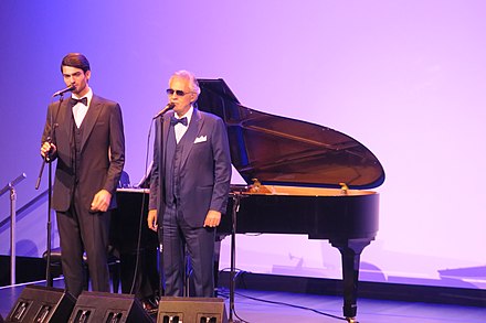 Bocelli and his son Matteo performing in New York at the presentation of the album Sì in 2018.