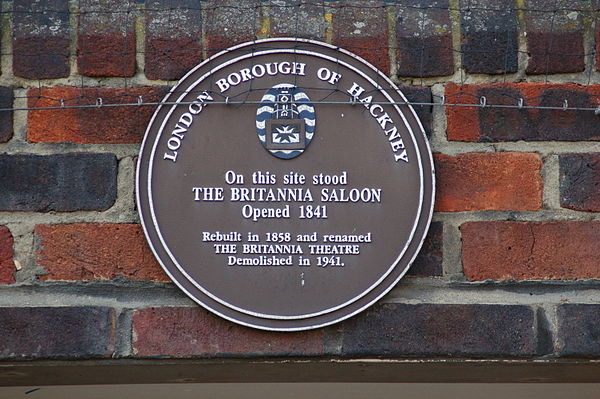 LBH plaque commemorating the Britannia Theatre, now attached to modern flats