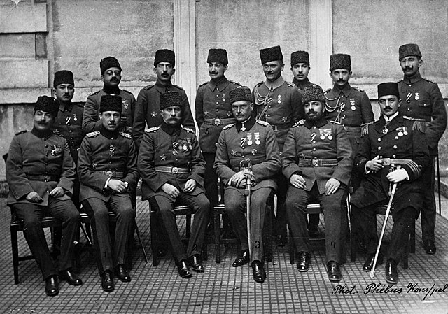 The Ottoman general staff of the Sinai and Palestine Campaign, 1914. İsmet İnönü can be seen on the top row second from the right side.