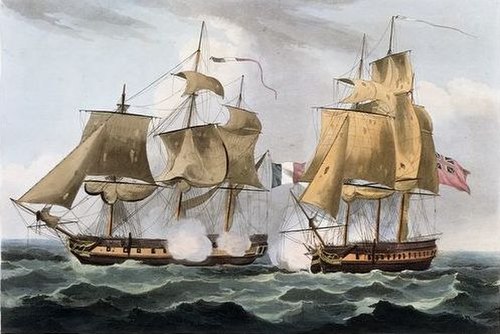 Print by Thomas Whitcombe depicting HMS Carysfort retaking Castor from the French on 29 May 1794