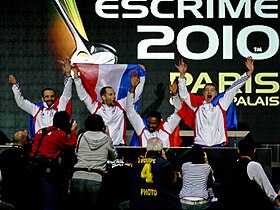 David Maillard, Marc-André Cratère, Romain Noble en Robert Citerne (van links naar rechts) op het WK 2010 in Parijs in Athene