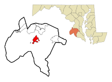 Charles County Maryland Eingemeindete und nicht eingetragene Gebiete La Plata Highlighted.svg
