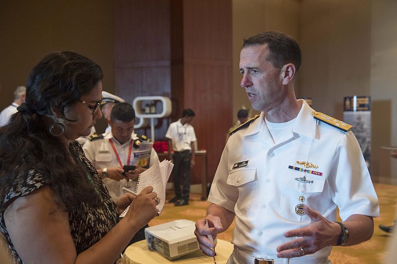 File:Chief of Naval Operations Adm. John Richardson talks with journalist Anaji Ojha of the Indo-Asian News Service during India's International Fleet Review (IFR) 2016.JPG