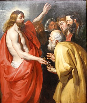 Christ giving the Keys of Heaven to St. Peter by Peter Paul Rubens - Gemäldegalerie - Berlin - Germany 2017.jpg