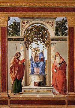 Madonna and Child Enthroned with Saint James and Saint Jerome (1489) by Cima da Conegliano Cima da conegliano, Madonna col Bambino in trono tra i santi Giacomo apostolo e Girolamo.jpg