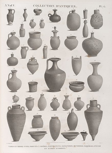 Pl.75 - Vases en terre cuite, trouvés à Thèbes, Éléphantine, Alexandrie, Denderah, Saqqârah, Antinoë et autres endroits