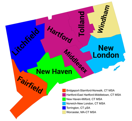 A map of the six core-based statistical areas in Connecticut. Connecticut CBSAs 2020.png