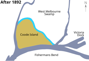 Map of Coode Island after the Coode Canal was cut in 1886, diverting the flow of the Yarra River