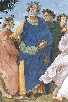 Detail of The Parnassus (painted 1509–1510) by Raphael, depicting Homer wearing a crown of laurels atop Mount Parnassus, with Dante Alighieri on his right and Virgil on his left (Source: Wikimedia)