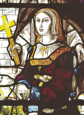 Vitral da Igreja da Santa Maria da Vitória (Mosteiro da Batalha, em Leiria), atribuído a Francisco Henriques, c. 1510-1513. Representa D. Maria de Aragão, Rainha de Portugal, com as suas filhas.