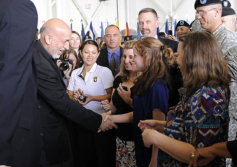 File:Defense.gov News Photo 100514-F-6655M-005 - Afghan President Hamid Karzai shakes hands with military spouses at Fort Campbell Ky. during a visit with the 101st Airborne Division on May 14.jpg