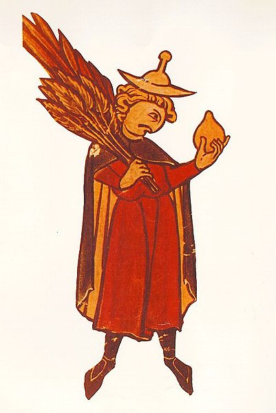 Figure in a Jewish hat holding a citron (etrog) for the holiday of sukkot in a medieval Hebrew calendar.