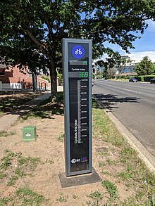 "Bicycle barometer" used for counting bicycle traffic on the Sullivans Creek cycling path Device for counting cyclists on Sullivans Creek cycling path, O'Connor, Canberra.jpg
