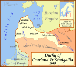 (In het wit) Het hertogdom Koerland en Semigallia in 1740.