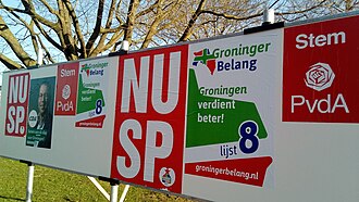 Political advertisements on a billboard in the Netherlands in 2019 Dutch provinces elections billboard, Oude Pekela (2019) 02.jpg