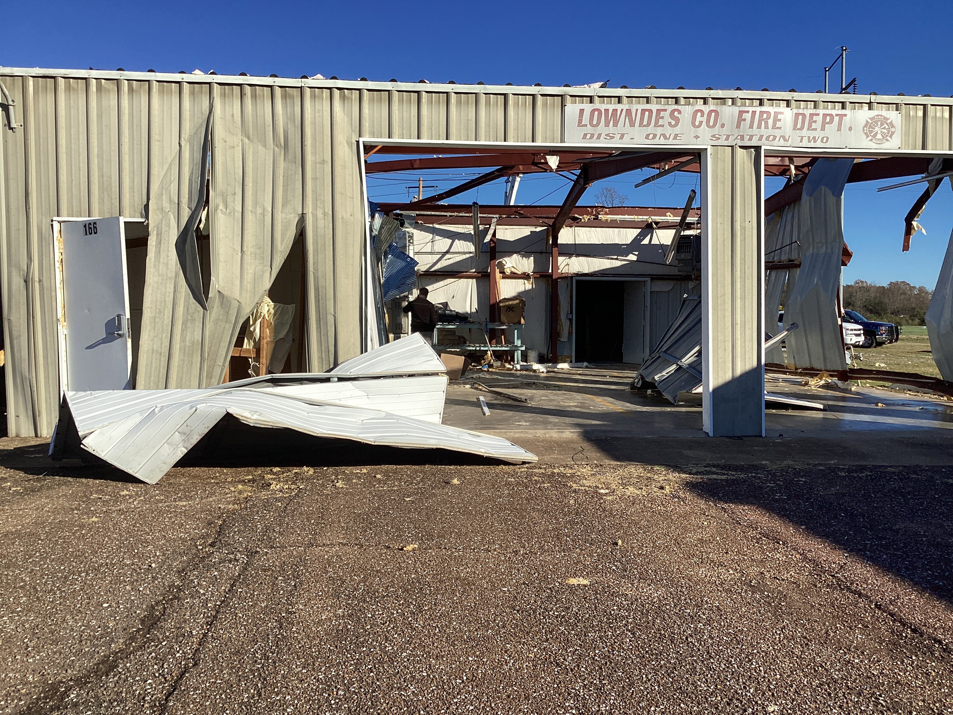 A warehouse that suffered heavy EF2 damage near Woodlawn, Mississippi.