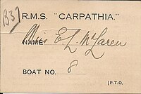 A lifeboat card from the Carpathia, used to identify a Titanic survivor's lifeboat