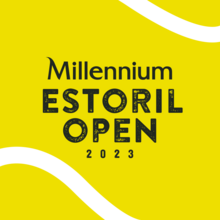 The logo of the Estoril open 2023; the text reads "Millenium Estoril Open 2023", the background of the image is yellow, with 2 white lines, around the corners