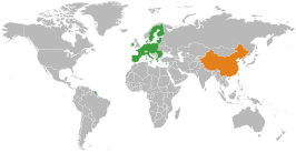 Kaart met daarop Europese Unie en Volksrepubliek China