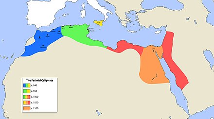Map of the Fatimid Caliphate at its largest extent in the early 11th century