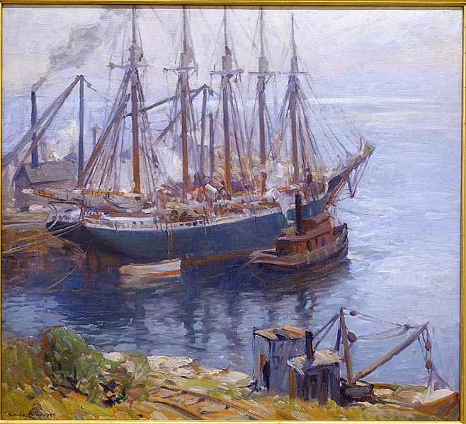 File:Five Masted Granite Schooner, by Emile A. Gruppe, c. 1920s, oil on canvas - Cape Ann Museum - Gloucester, MA - DSC01458.jpg