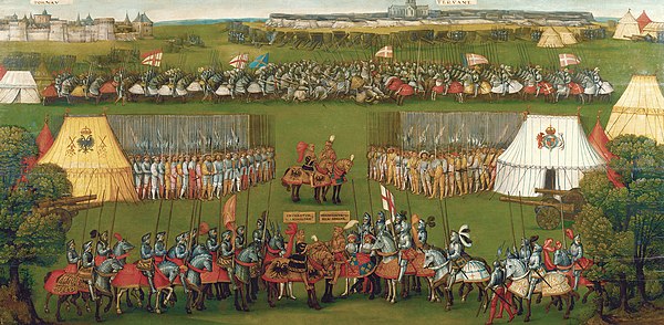 Flemish painting showing the encounter between Maximilian I, Holy Roman Emperor and Henry VIII. In the background is depicted the Battle of the Spurs 