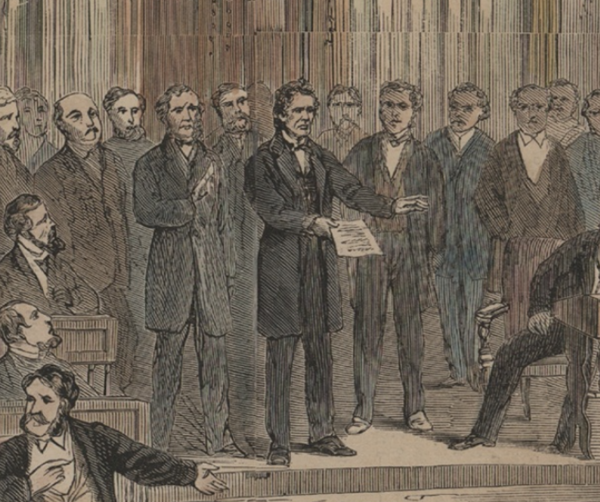 Illustration of Thaddeus Stevens and John Bingham notifying the Senate bar of the impeachment on February 25, 1868