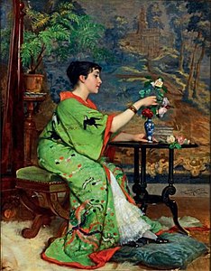 Jeune femme en kimono vert.