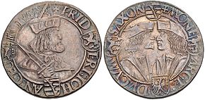 Kurfürst Friedrich III. und die Herzöge Johann und Georg, Gulden o. J., Mmz. Kreuz, Annaberg (1512–1523)