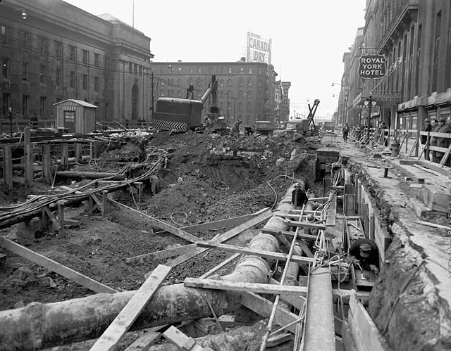 Subway excavations in front of Union Station (left) on Front Street in 1950