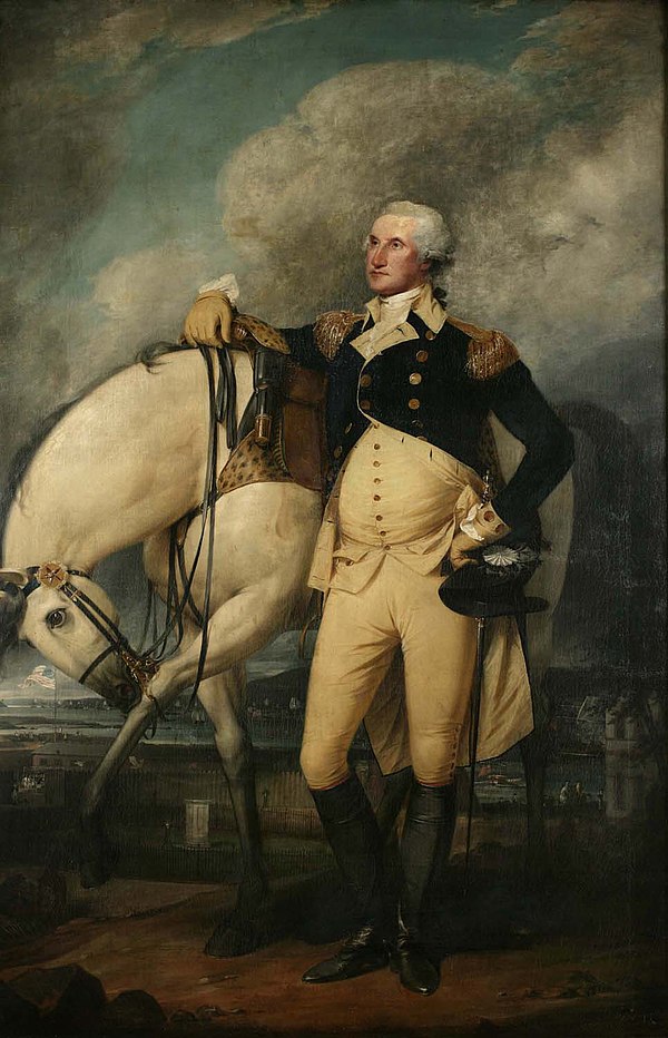 George Washington at Verplanks Point by John Trumbull 1790; the remains of the George III statue pedestal can be seen at the bottom between the horse'
